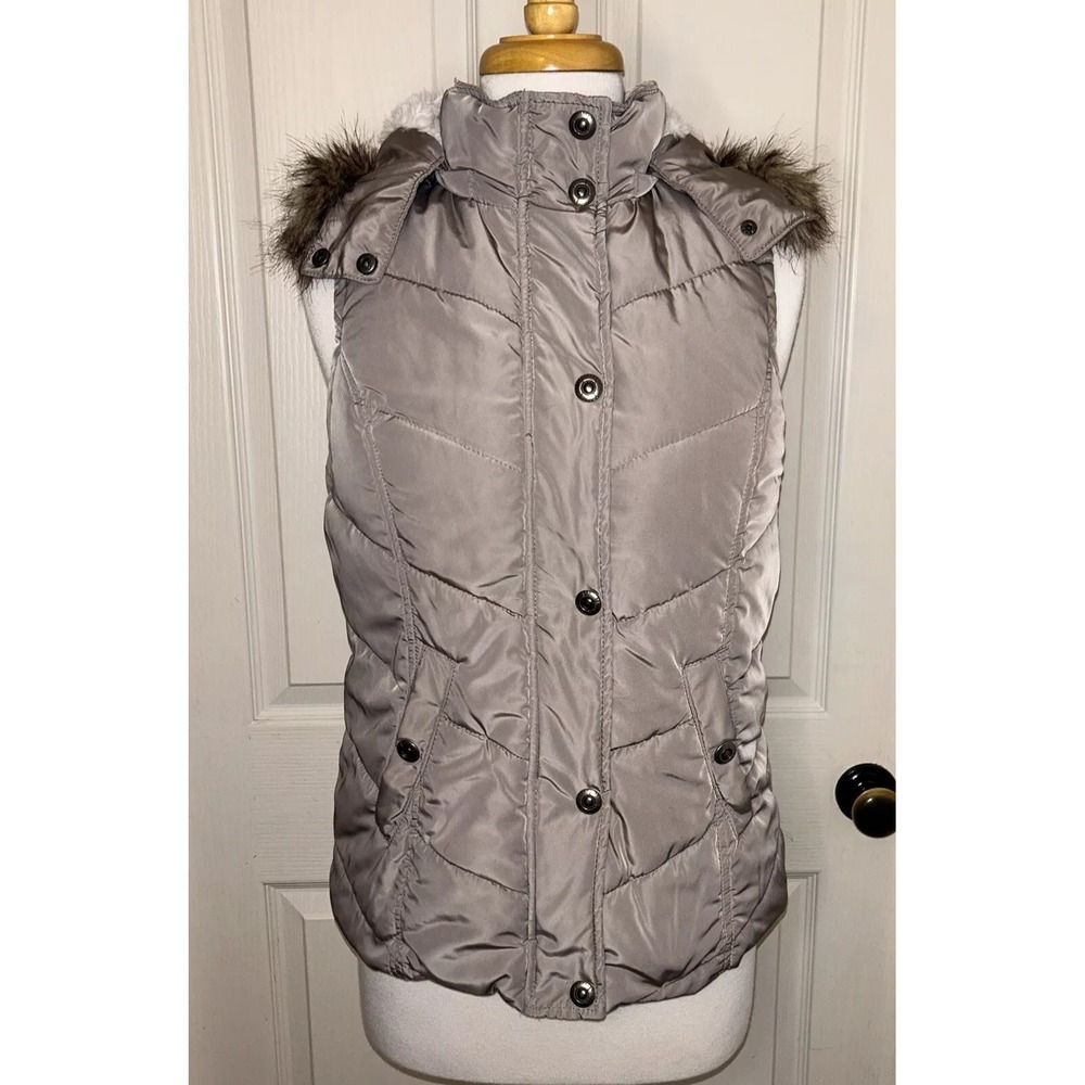 Green tea light brown puffer vest women's size Medium Faux For Trimmed Hood